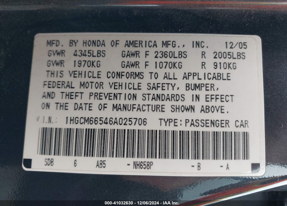 2006 HONDA ACCORD 3.0 EX VIN: 1HGCM66546A025706