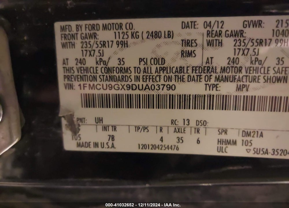2013 FORD ESCAPE SE VIN: 1FMCU9GX9DUA03790