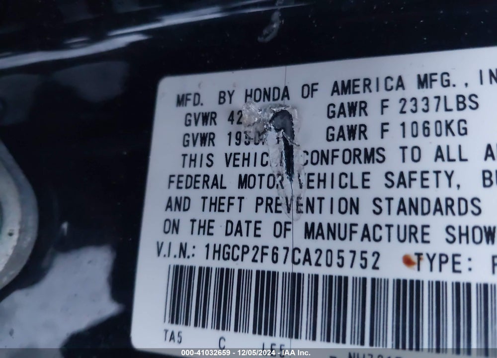 2012 HONDA ACCORD 2.4 SE VIN: 1HGCP2F67CA205752