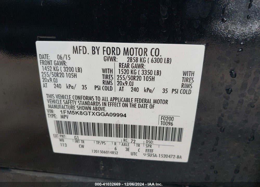 2016 FORD EXPLORER SPORT VIN: 1FM5K8GTXGGA09994