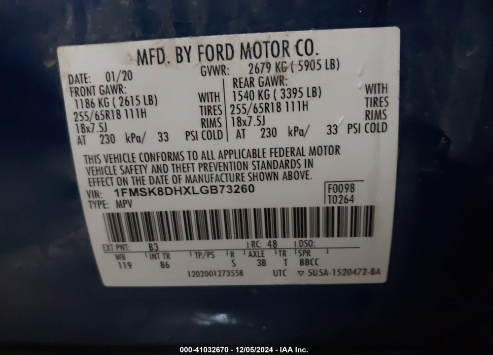2020 FORD EXPLORER XLT VIN: 1FMSK8DHXLGB73260