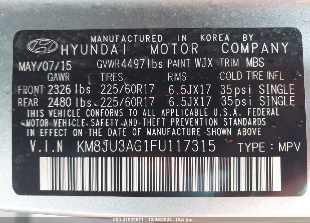 2015 HYUNDAI TUCSON SE VIN: KM8JU3AG1FU117315