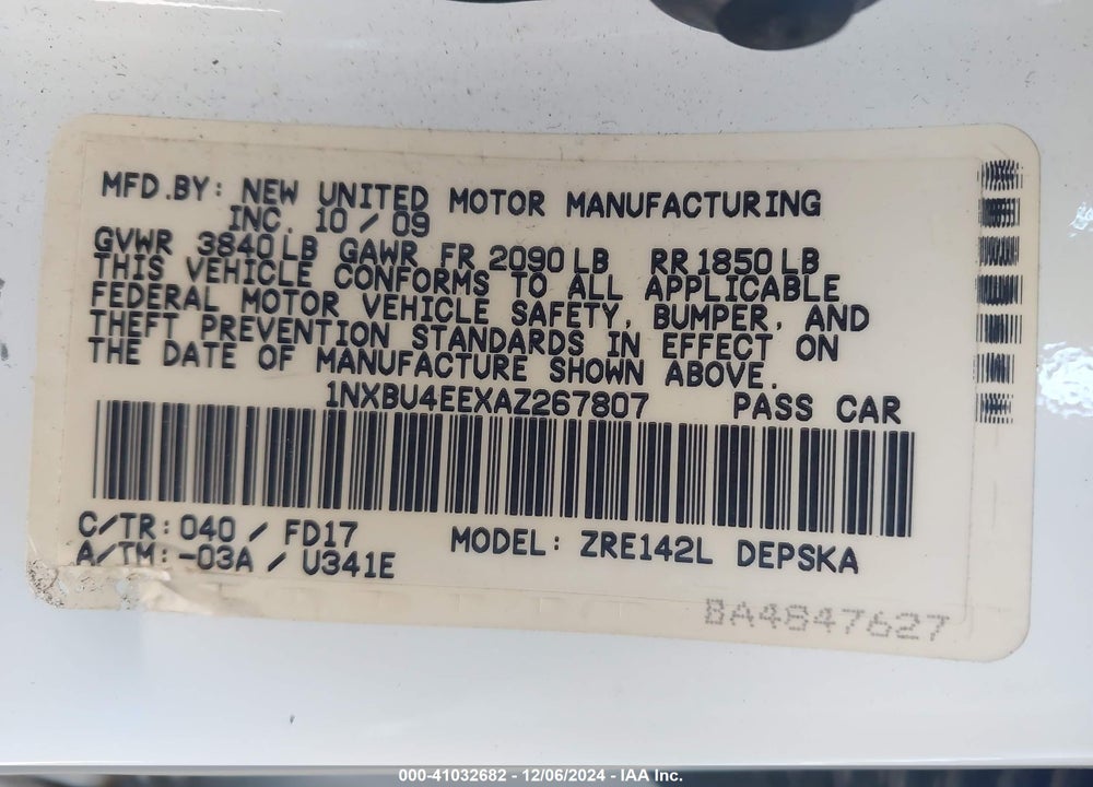 2010 TOYOTA COROLLA S VIN: 1NXBU4EEXAZ267807
