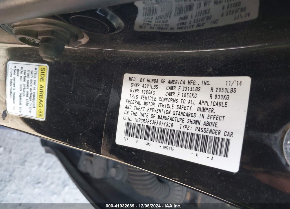 2015 HONDA ACCORD SPORT VIN: 1HGCR2F53FA074308