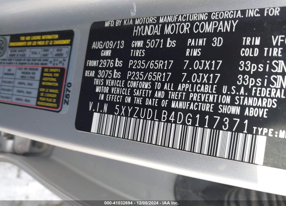 2013 HYUNDAI SANTA FE SPORT VIN: 5XYZUDLB4DG117371