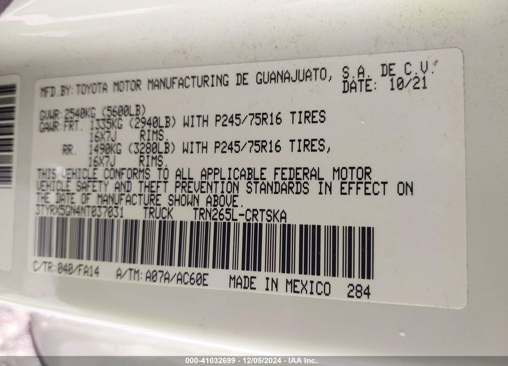 2022 TOYOTA TACOMA VIN: 3TYRX5GN4NT037031