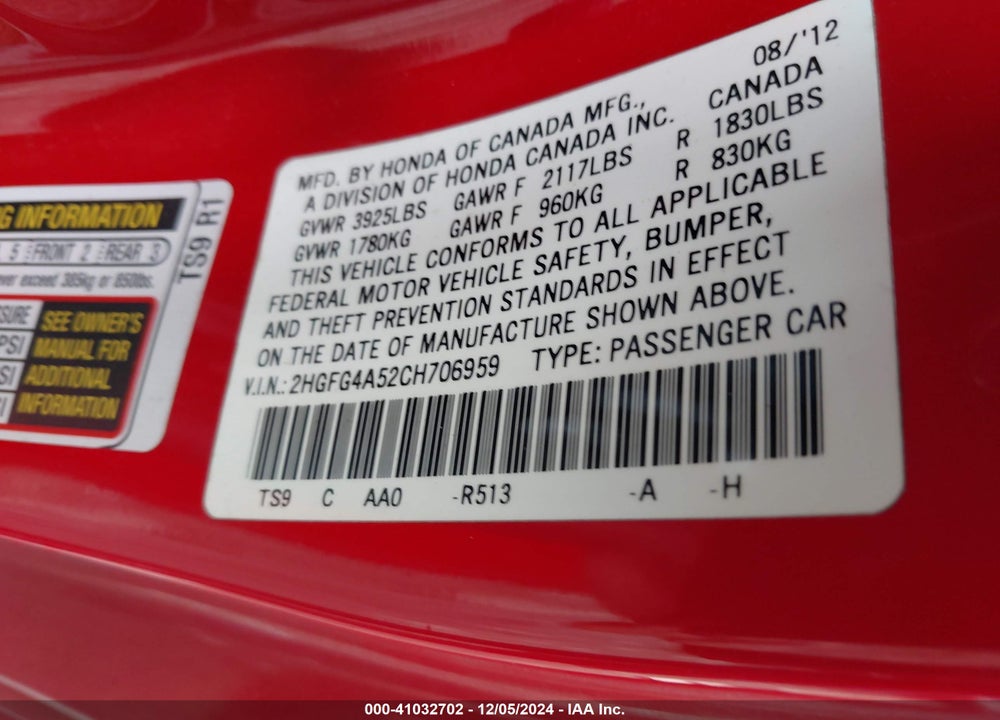 2012 HONDA CIVIC SI VIN: 2HGFG4A52CH706959
