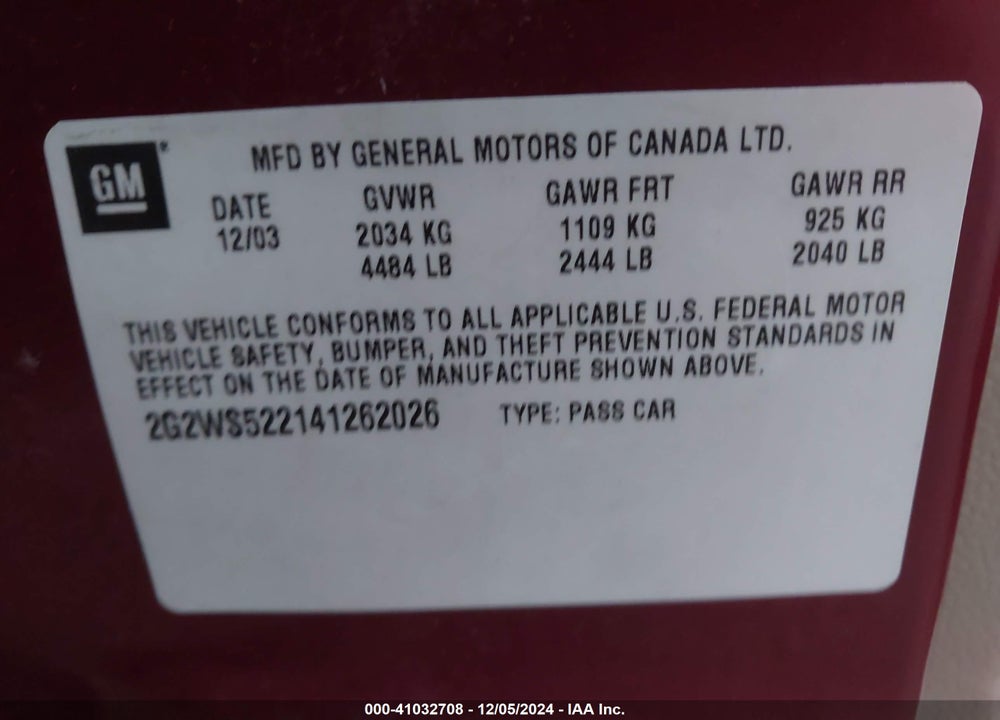 2004 PONTIAC GRAND PRIX GT2 VIN: 2G2WS522141262026