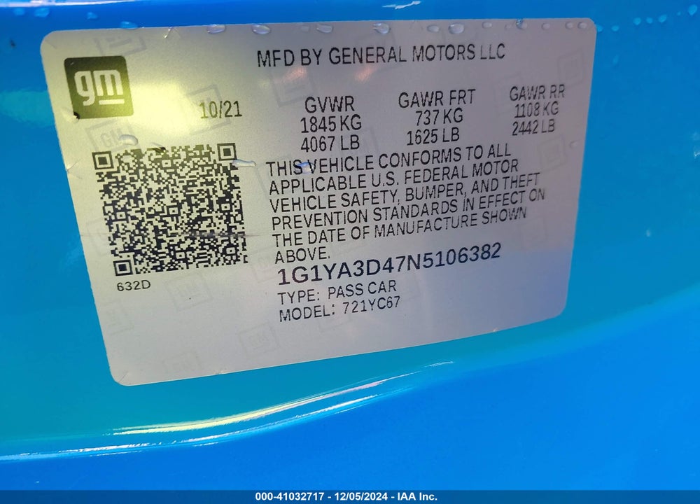 2022 CHEVROLET CORVETTE STINGRAY RWD 1LT VIN: 1G1YA3D47N5106382