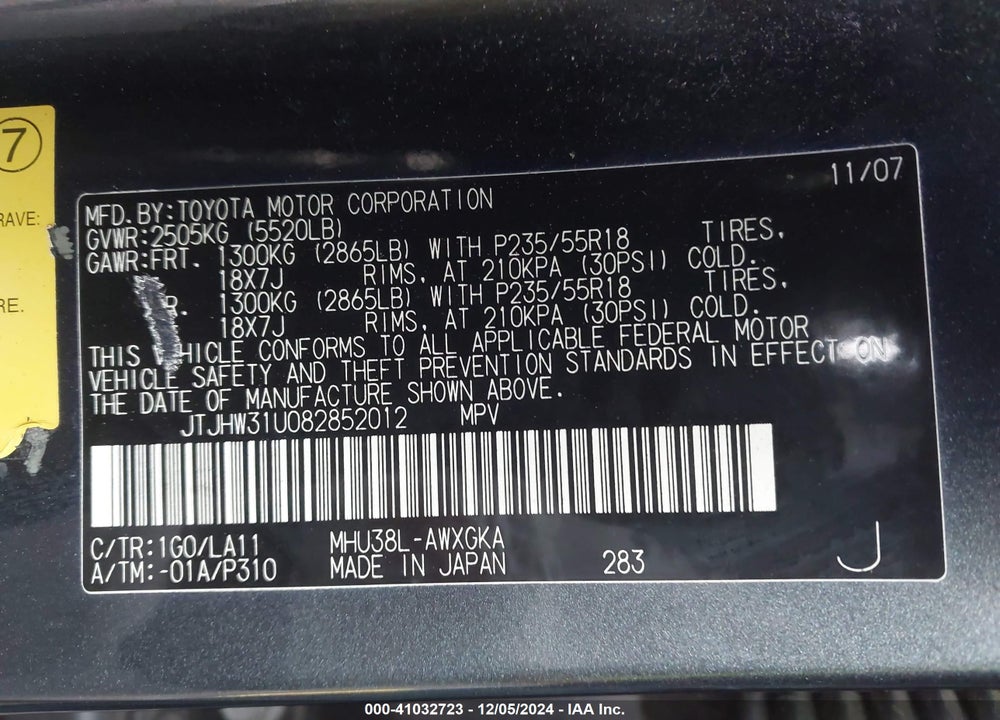 2008 LEXUS RX 400H VIN: JTJHW31U082852012