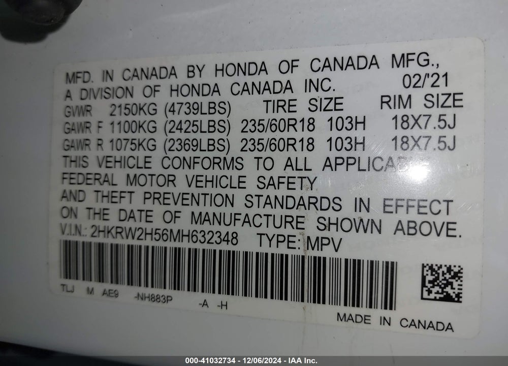 2021 HONDA CR-V AWD EX VIN: 2HKRW2H56MH632348
