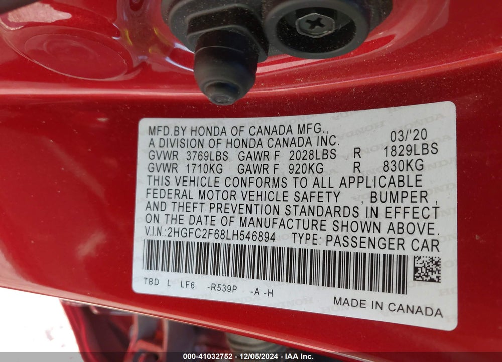 2020 HONDA CIVIC VIN: 2HGFC2F68LH546894