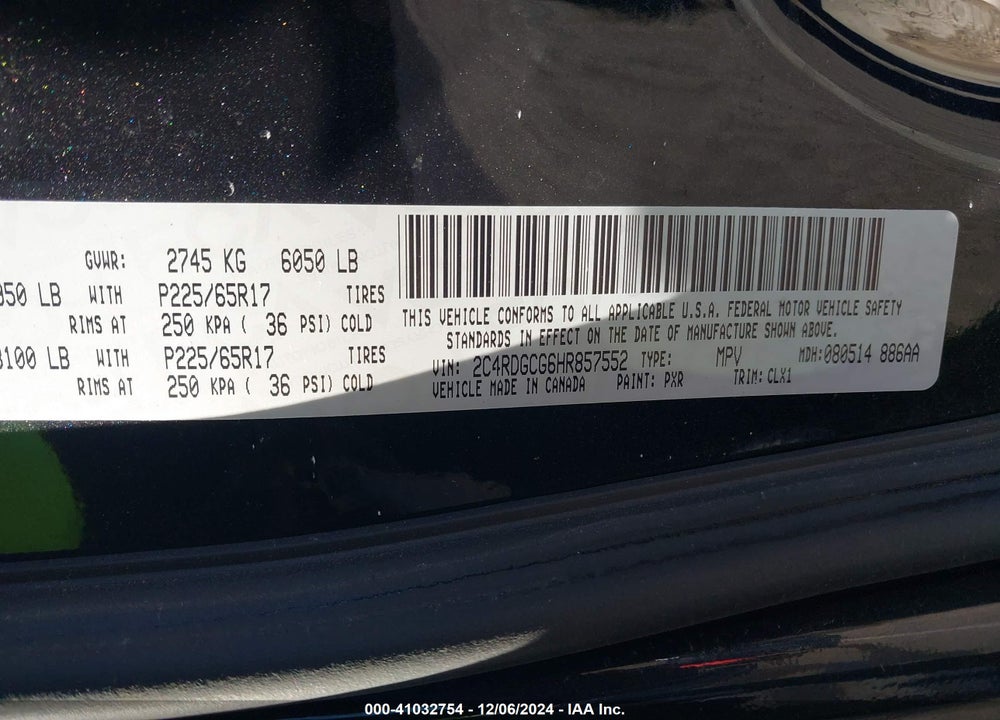 2017 DODGE GRAND CARAVAN SXT VIN: 2C4RDGCG6HR857552