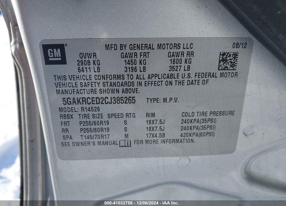 2012 BUICK ENCLAVE LEATHER VIN: 5GAKRCED2CJ385265
