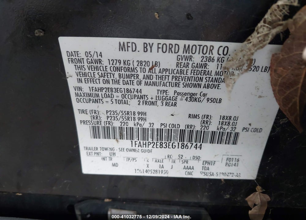 2014 FORD TAURUS SEL VIN: 1FAHP2E83EG186744