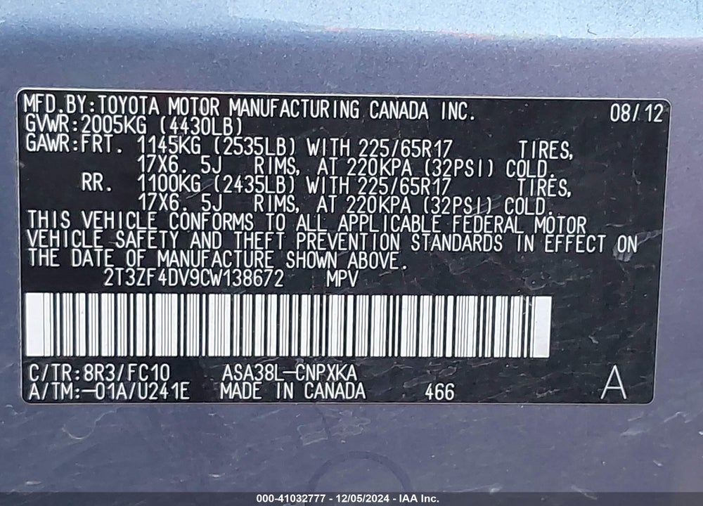 2012 TOYOTA RAV4 VIN: 2T3ZF4DV9CW138672