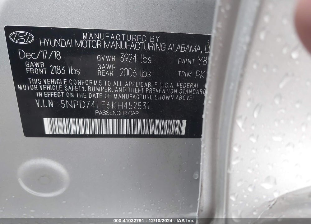 2019 HYUNDAI ELANTRA SE VIN: 5NPD74LF6KH452531