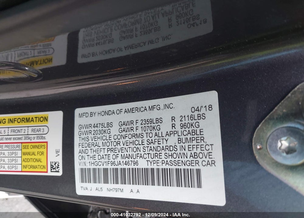 2018 HONDA ACCORD TOURING VIN: 1HGCV1F96JA146796