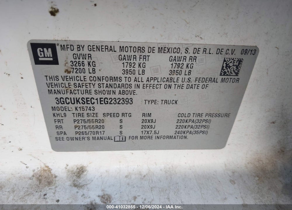 2014 CHEVROLET SILVERADO 1500 2LZ VIN: 3GCUKSEC1EG232393