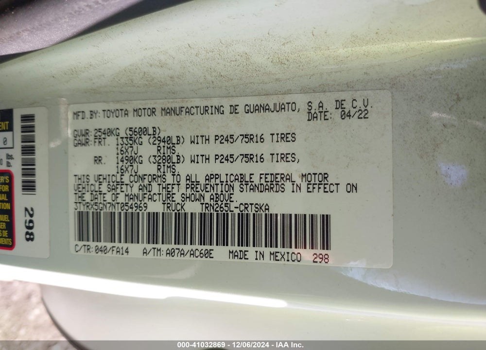 2022 TOYOTA TACOMA SR VIN: 3TYRX5GN7NT054969