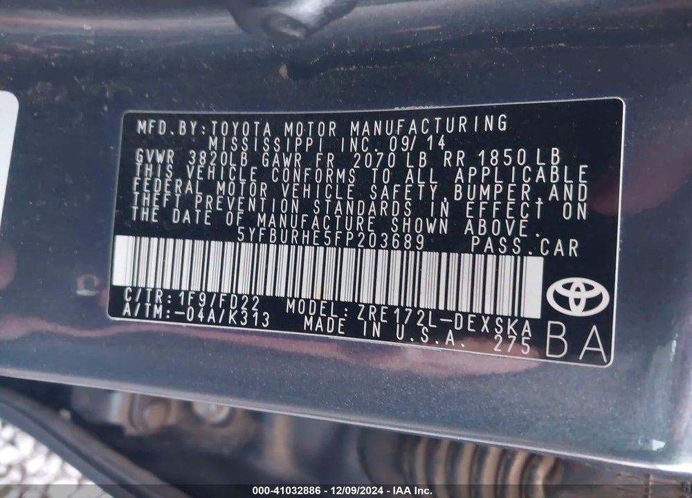 2015 TOYOTA COROLLA VIN: 5YFBURHE5FP203689