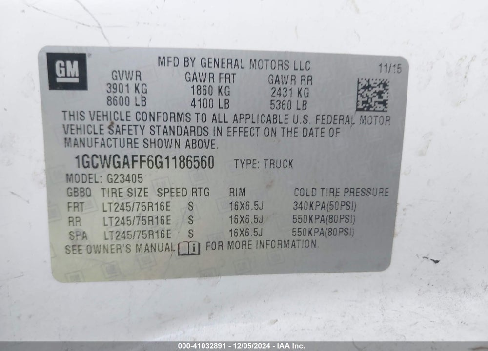 2016 CHEVROLET EXPRESS 2500 WORK VAN VIN: 1GCWGAFF6G1186560