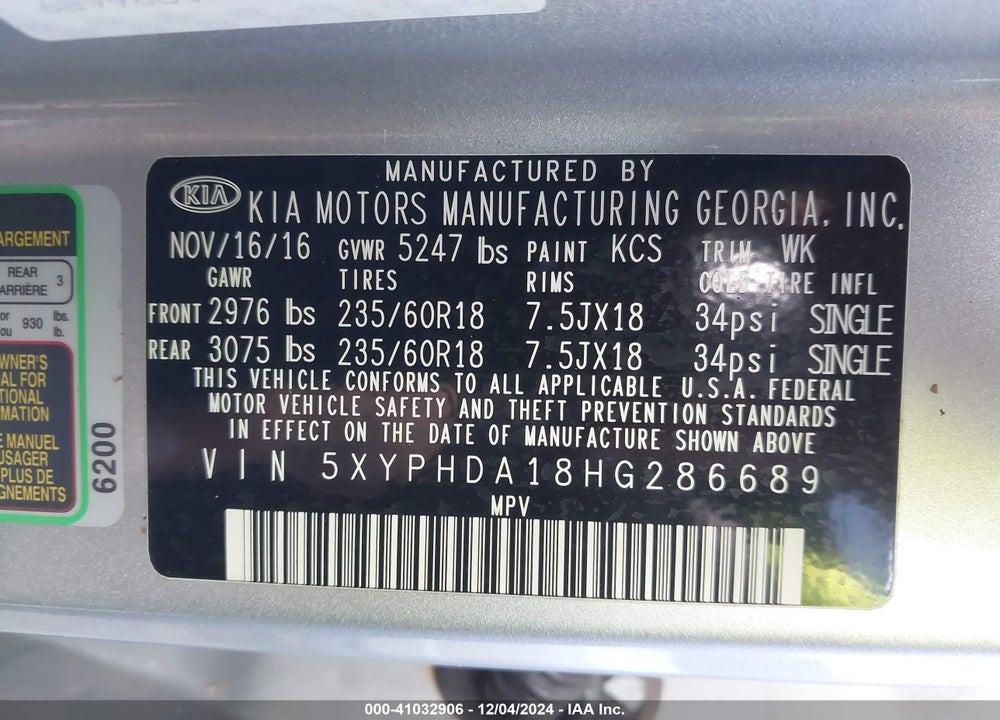2017 KIA SORENTO 2.0T EX VIN: 5XYPHDA18HG286689