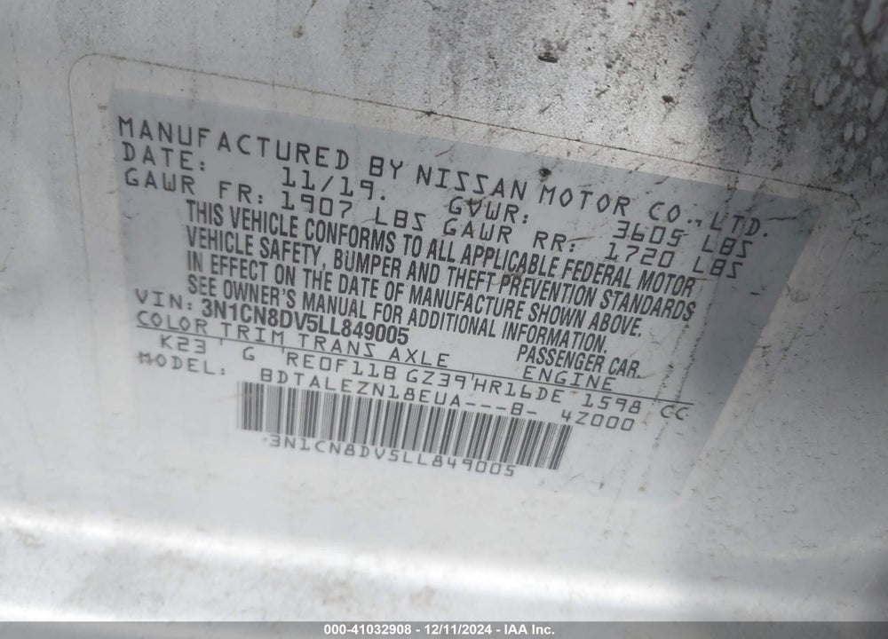 2020 NISSAN VERSA S XTRONIC CVT VIN: 3N1CN8DV5LL849005