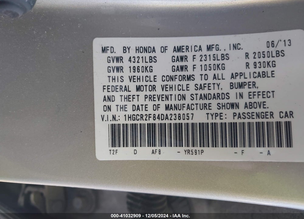 2013 HONDA ACCORD EX-L VIN: 1HGCR2F84DA238057