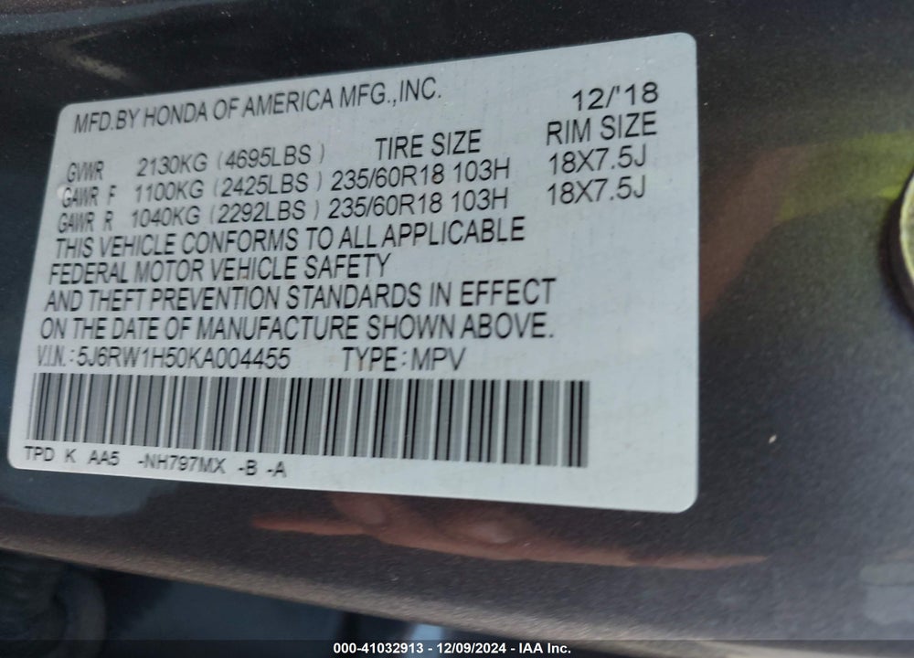 2019 HONDA CR-V EX VIN: 5J6RW1H50KA004455