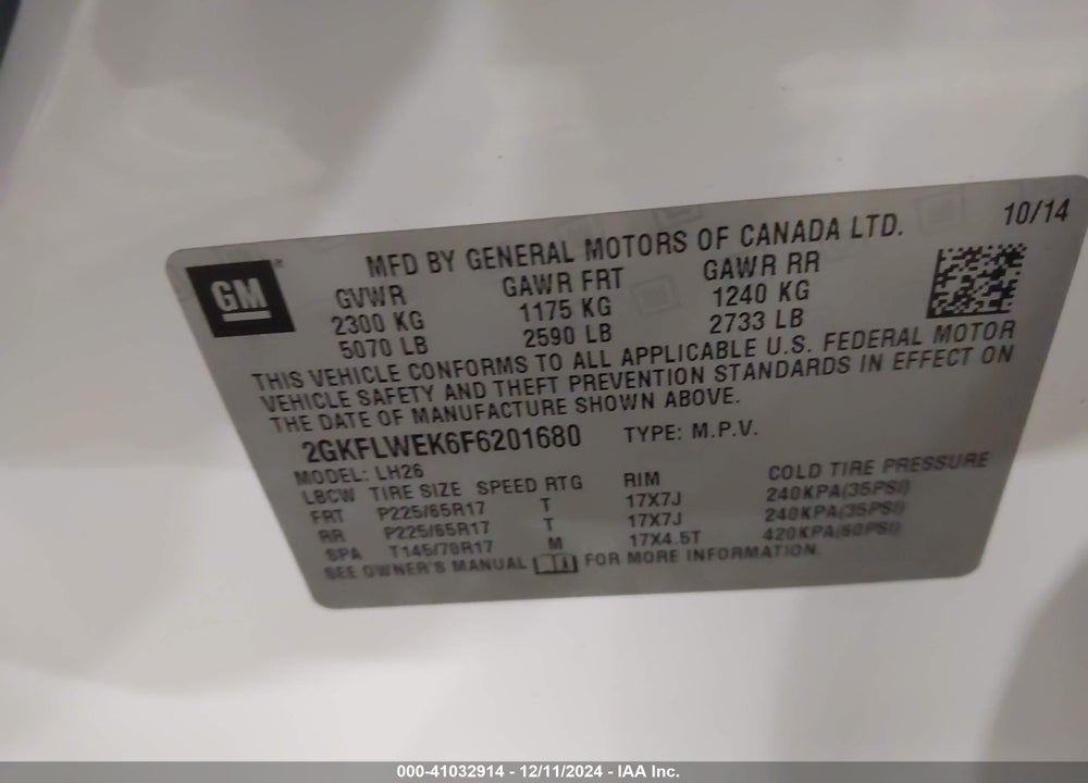 2015 GMC TERRAIN SLE-2 VIN: 2GKFLWEK6F6201680