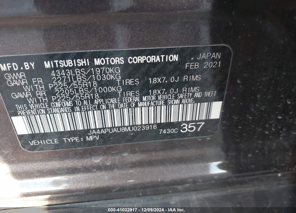 2021 MITSUBISHI OUTLANDER SPORT 2.0 BE 2WD/2.0 ES 2WD/2.0 LE 2WD/2.0 S 2WD VIN: JA4APUAU8MU023916