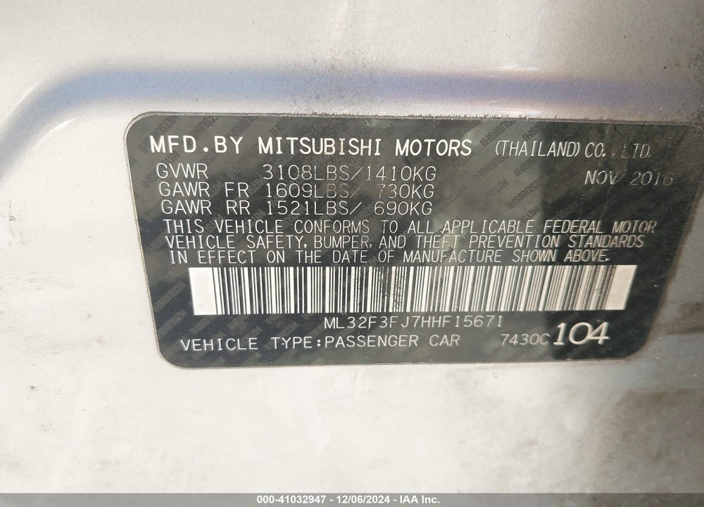 2017 MITSUBISHI MIRAGE G4 ES VIN: ML32F3FJ7HHF15671