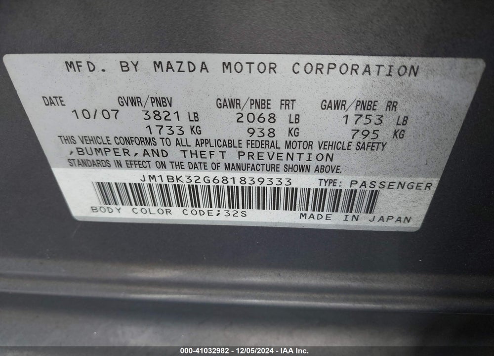 2008 MAZDA 3 I VIN: JM1BK32G681839333