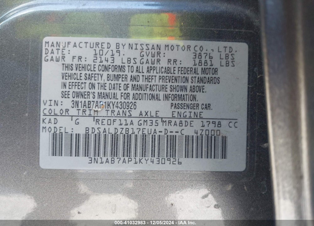 2019 NISSAN SENTRA SV VIN: 3N1AB7AP1KY430926