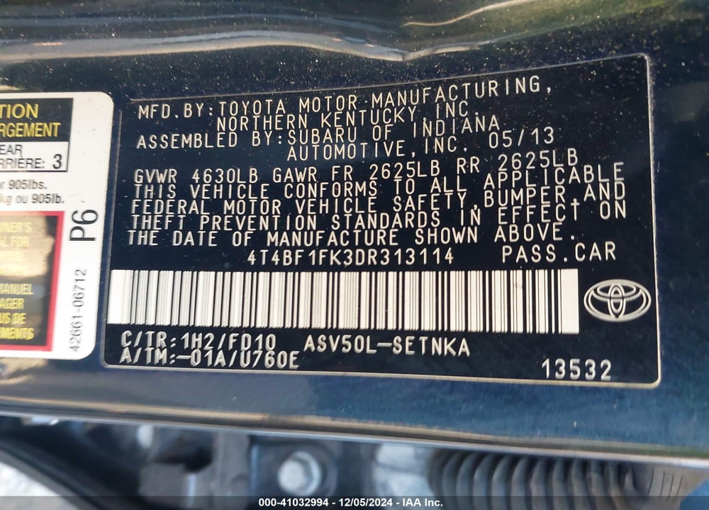 2013 TOYOTA CAMRY LE VIN: 4T4BF1FK3DR313114