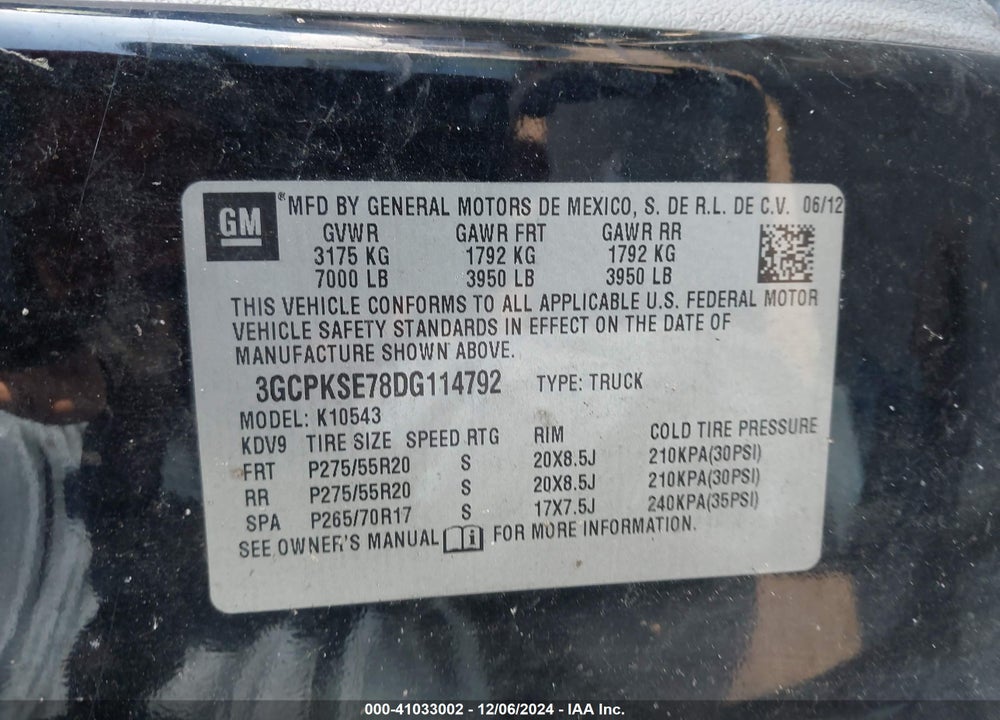 2013 CHEVROLET SILVERADO 1500 LT VIN: 3GCPKSE78DG114792
