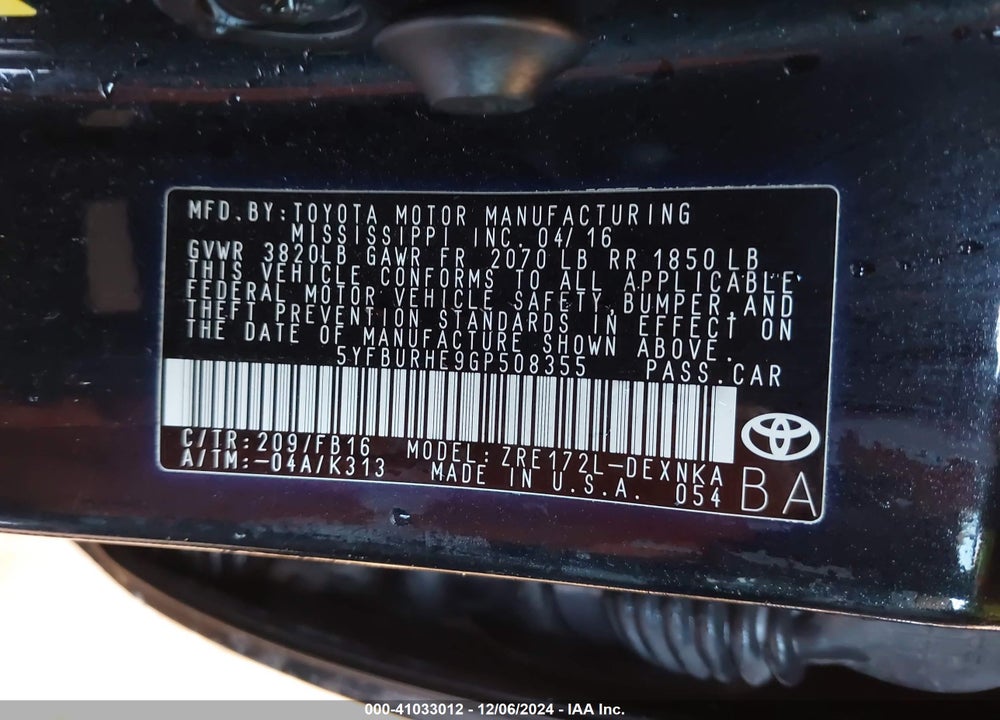 2016 TOYOTA COROLLA LE VIN: 5YFBURHE9GP508355