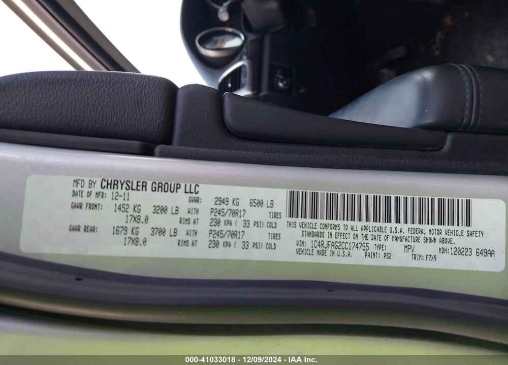 2012 JEEP GRAND CHEROKEE VIN: 1C4RJFAG2CC174755
