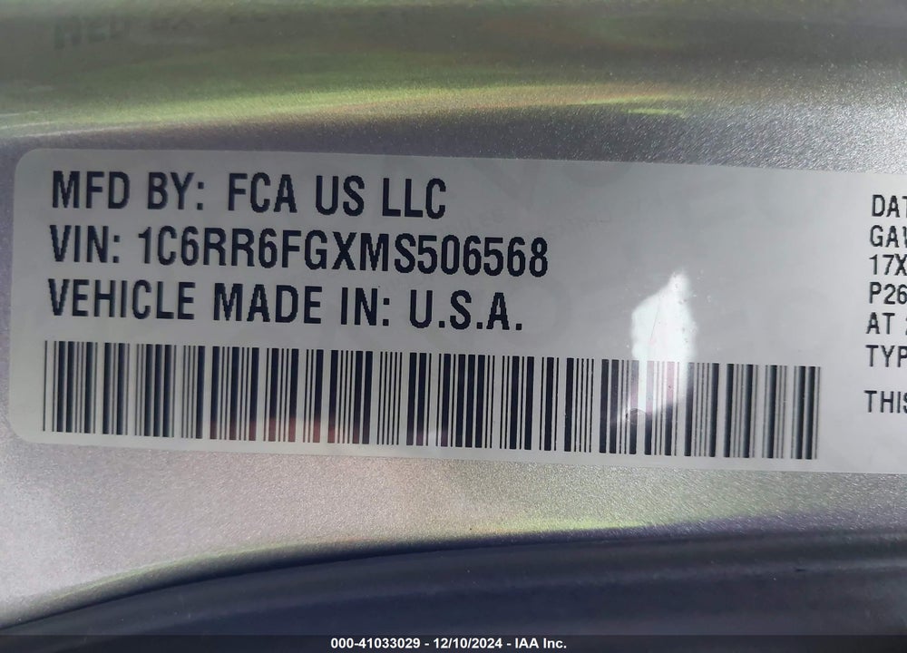 2021 RAM 1500 CLASSIC VIN: 1C6RR6FGXMS506568
