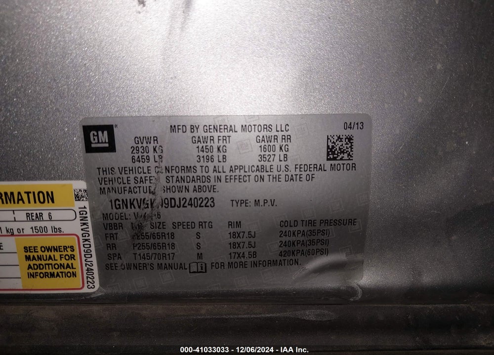 2013 CHEVROLET TRAVERSE 1LT VIN: 1GNKVGKD9DJ240223