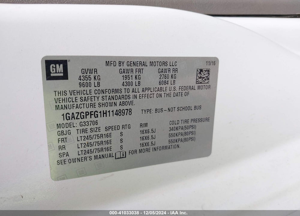 2017 CHEVROLET EXPRESS 3500 LT VIN: 1GAZGPFG1H1148978