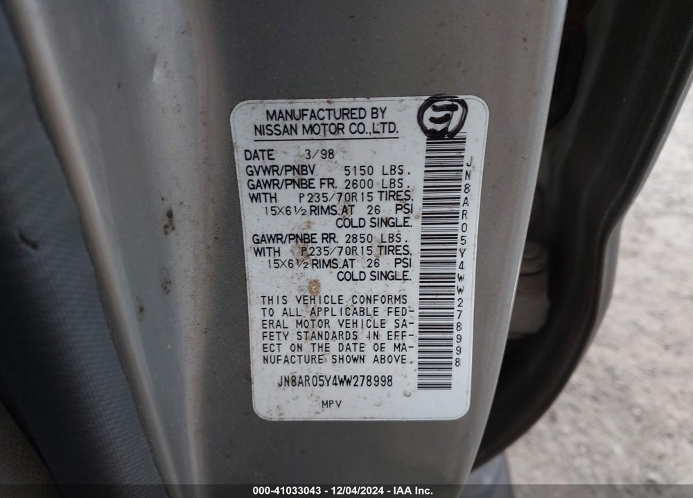 1998 NISSAN PATHFINDER LE/SE/XE VIN: JN8AR05Y4WW278998
