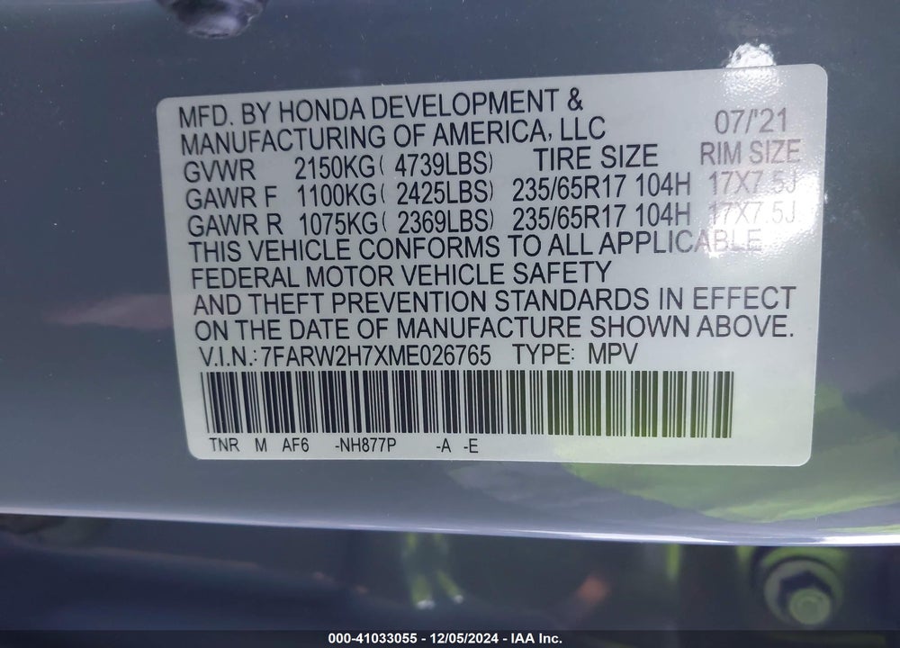 2021 HONDA CR-V AWD SPECIAL EDITION VIN: 7FARW2H7XME026765