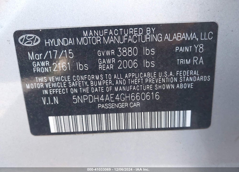2016 HYUNDAI ELANTRA SE VIN: 5NPDH4AE4GH660616
