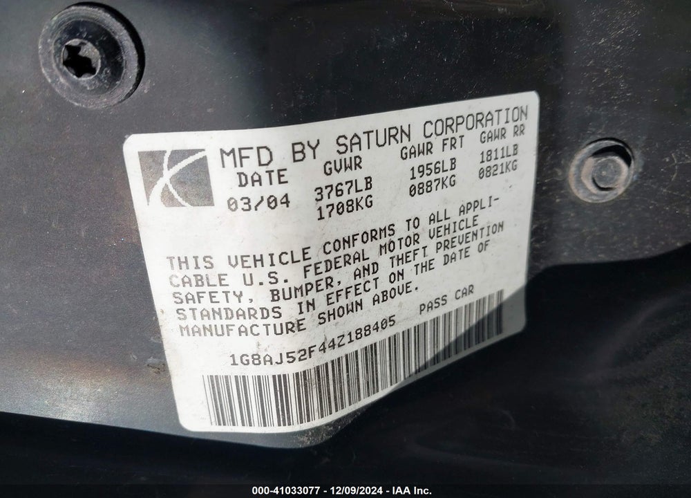 2004 SATURN ION 2 VIN: 1G8AJ52F44Z188405