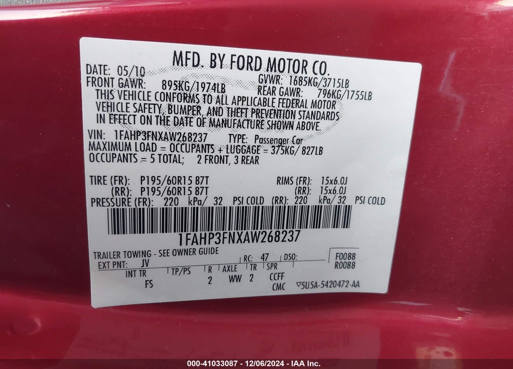 2010 FORD FOCUS SE VIN: 1FAHP3FNXAW268237
