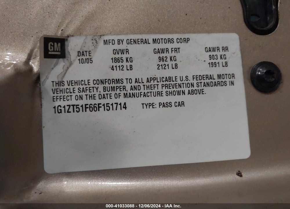 2006 CHEVROLET MALIBU LT VIN: 1G1ZT51F66F151714