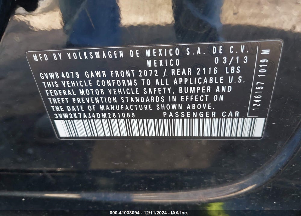 2013 VOLKSWAGEN JETTA 2.0L S VIN: 3VW2K7AJ4DM281089