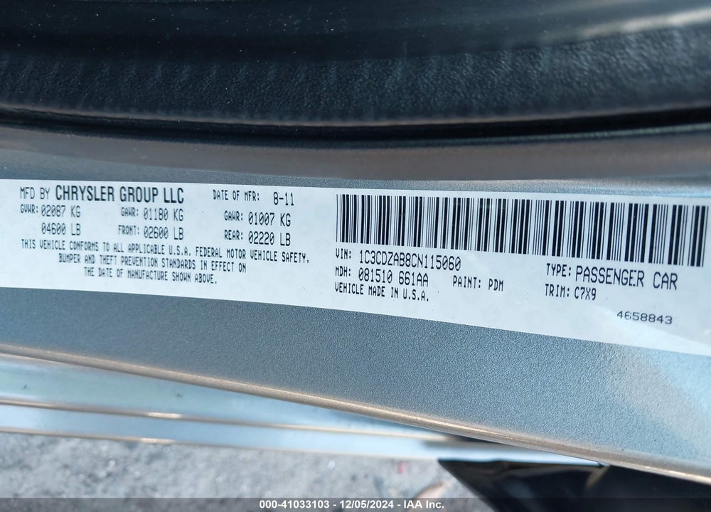 2012 DODGE AVENGER VIN: 1C3CDZAB8CN115060